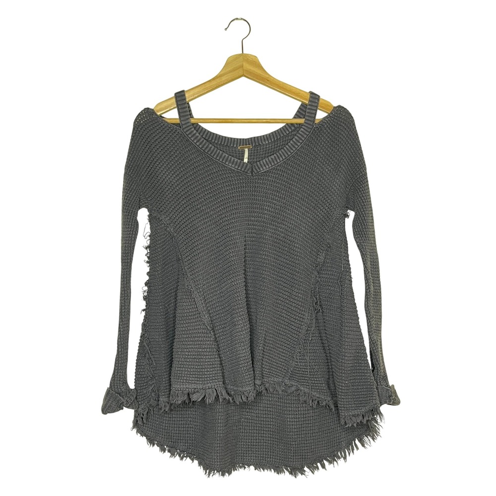 Free People‎ Gray Waffle Knit Cold Shoulder Frayed Hem Sweater Small OB428208